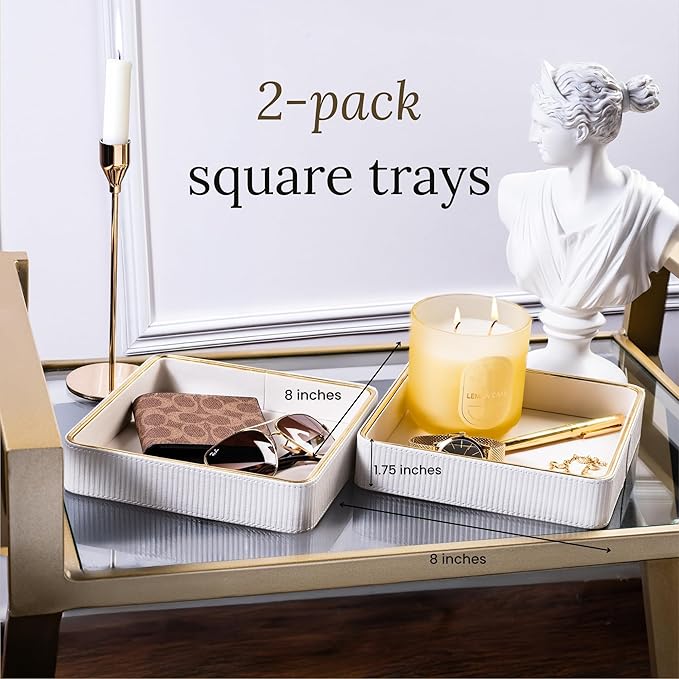 2 Pack White Catch All Trays for Jewelry| Small Leather Valet Tray| Key Bowl for Entryway Table EDC Trinket Tray Catch All| Perfume Trays for Dresser Organizer Perfume Holder (Set of 2)