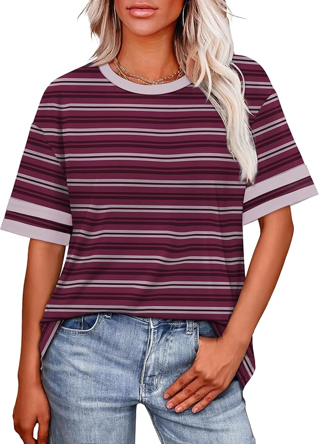 WIHOLL Womens T Shirts Loose Fit Short Sleeve Tees Crew Neck Color Block Summer Tops 2026 Fashion
