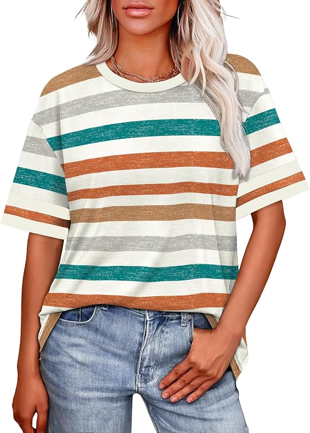 WIHOLL Womens T Shirts Loose Fit Short Sleeve Tees Crew Neck Color Block Summer Tops 2026 Fashion