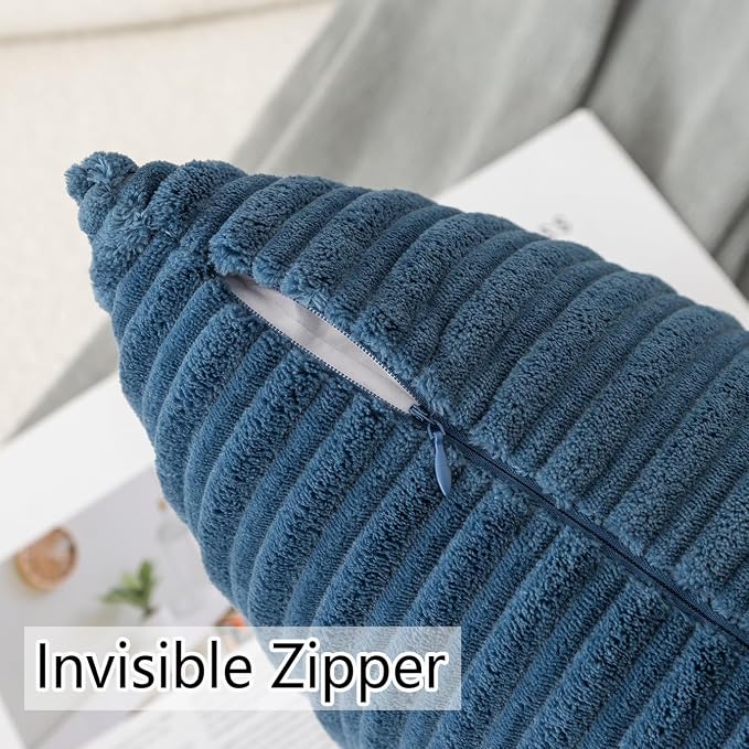 UGASA Velvet 24x24 Inch Soft Throw Pillow Cover Boho Farmhouse Decorative Corduroy Striped Both Sides Solid Square Cushion Case for Couch Bedroom Sofa Home, 1 Piece, Dusty Blue