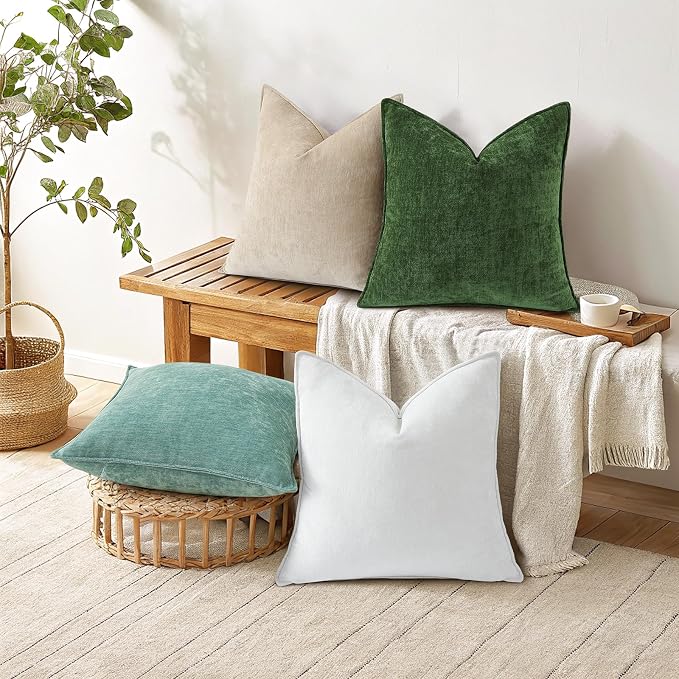decorUhome Chenille Cream White Velvet Throw Pillow Covers 16x16 Set of 2 | Fall Soft Couch Decorative Modern Farmhouse Pillow Cases with Elegant Design for Sofa Bed Living Room Home Decor
