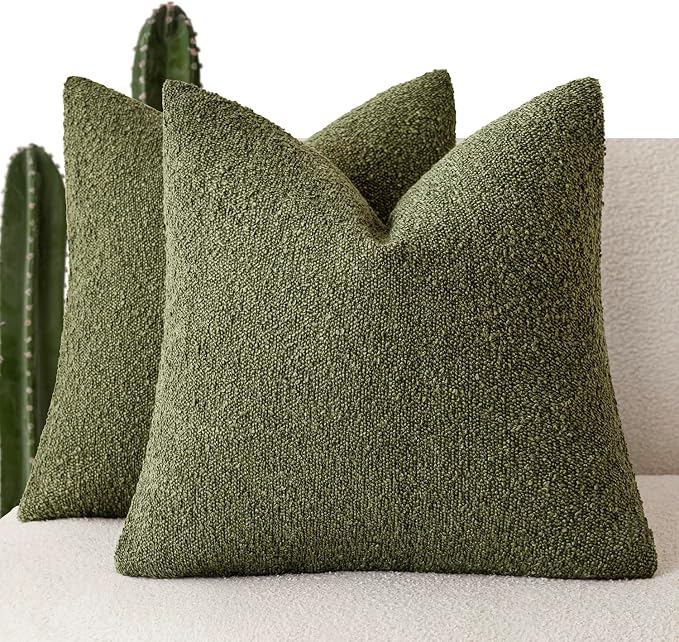 Foindtower Pack of 2, Decorative Textured Boucle Throw Pillow Covers Neutral Accent Solid Pillow Cases Cozy Soft Couch Cushion Case for Chair Sofa Bedroom Living Room Home Decor 22x22 Inch Moss Green