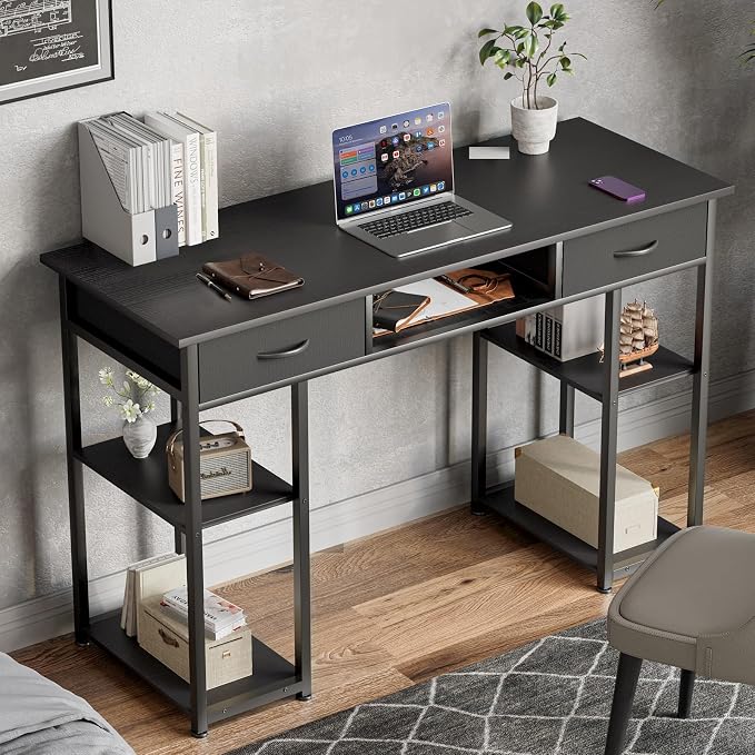DUMOS 48-Inch Computer Desk with Drawers, Hook and Side Bag, Black | Home Office Desk for Bedroom, Gaming Writing Study Desk with Adjustable Feet