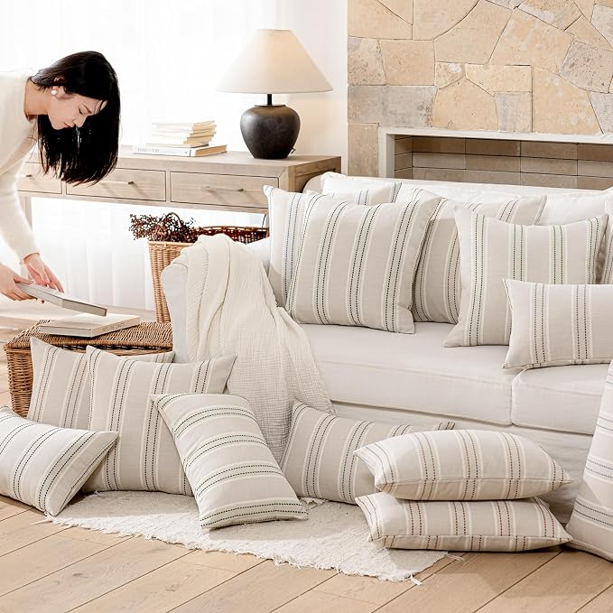 Hckot Tan Brown Throw Pillow Covers 22x22 Set of 2 Striped Pillow Covers | Farmhouse Decorative Pillows Textured Linen Square Cushion Covers for Sofa Couch Bed Living Room Decor(Tan)
