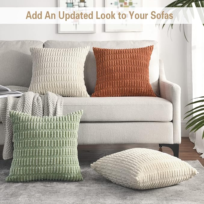 Volcanics Pack of 2 Sage Green Decorative Throw Pillow Covers 20x20 Inch | Soft Corduroy Striped Square Cushion Cases, Modern Farmhouse Boho Home Decor for Spring Couch Bed Sofa Living Room