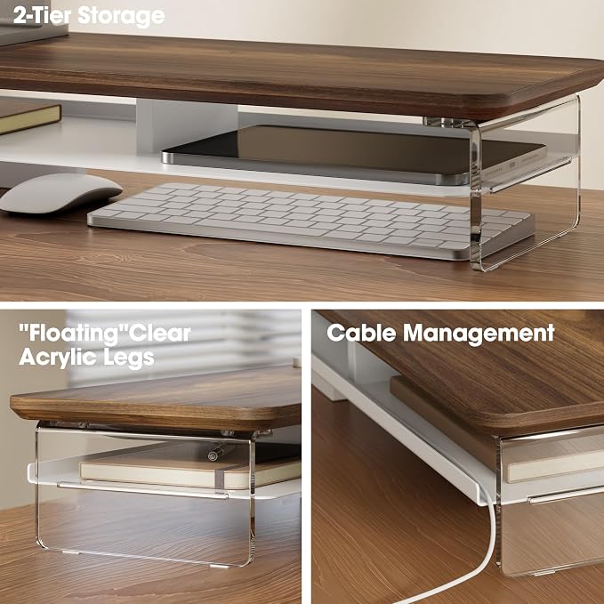 Fenge 42.5" Dual Monitor Stand with Clear Acrylic Legs, Brown | Clear acrylic, storage compartment, 2-tier home office monitor riser, wide large desktop shelf fit monitor/laptop/printer