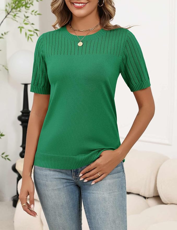 Zeagoo Women's Short Sleeve Sweater Tops 2026 Spring Summer Crew Neck Hollow Out Blouses Dressy Business Casual Outfits