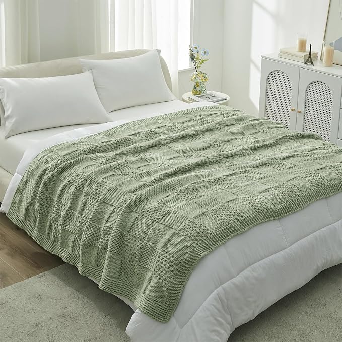 Knit Throw Blanket, Soft Chenille Cozy Breathable Checkered Chunky Decorative Blanket for Couch, Bed & Sofa, French-Inspired Lightweight Warm Gift for Women, Sage Green, 60"x80"