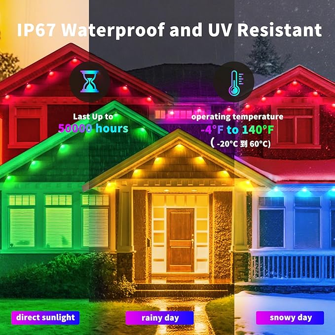 150ft Outdoor LED String Lights Waterproof Smart Control Light for Patio Yard House Porch Permanent Color Changing Lights for Garden and Holiday Use