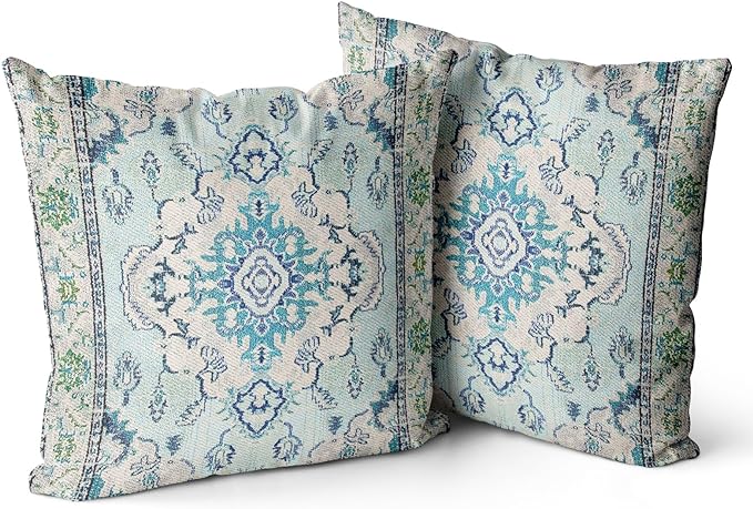 Snycler Boho Throw Pillow Covers 16x16 inch Set of 2 Teal Blue Boho Rug Carpet Double Sided Pattern Cotton Soft Pillow Case Cushion Cover Pillowcase for Couch Sofa Bed Decorative