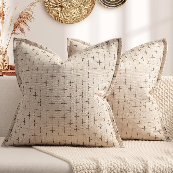 Pillow Covers 24x24 Set of 2 Soft Polyester Textured Pillow Covers with Stylish Flange Edge Cozy Farmhouse Throw Pillows for Couch Bed Sofa Living Room
