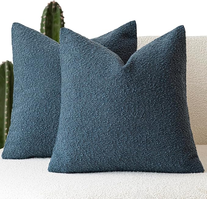 Foindtower Set of 2, Decorative Textured Boucle Throw Pillow Covers Accent Solid Pillow Cases Neutral Soft Cozy Couch Cushion Case for Chair Sofa Bedroom Living Room Home Decor 24 x 24 Inch Blue