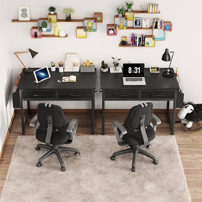 DLisiting Small Desk with Fabric Drawers for Bedroom, 32 Inch Gaming Desk with 2 Drawers for Small Space, Study Writing Table PC Desks, Black