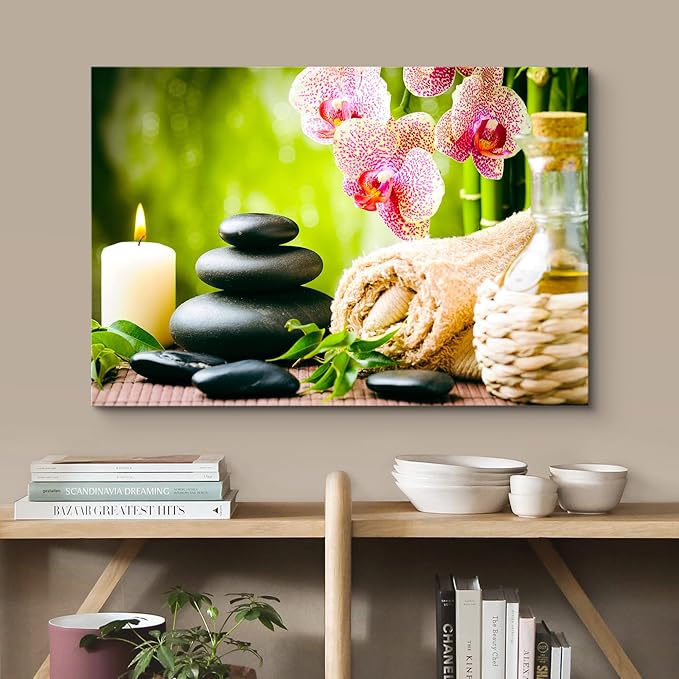 wall26 Canvas Print Wall Art Massage Stones Zen Pink Orchid Flower Plants Candles Nature Wilderness Photography Realism Rustic Landscape Colorful for Living Room, Bedroom, Bathroom, Office - 32"x48"