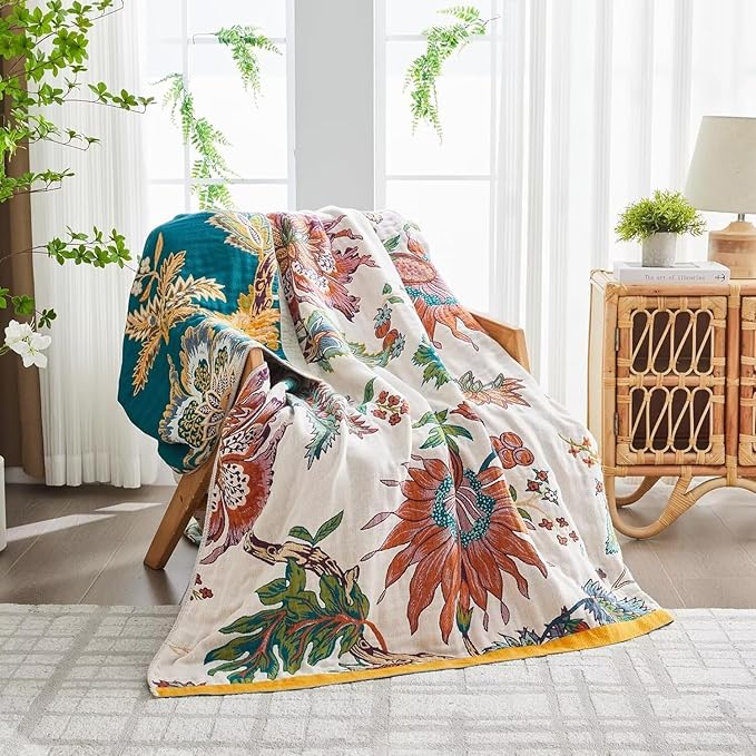 Boho Throw Blanket for Bed 100% Cotton Bohemian Blankets Ultra Soft Woven Muslin Decorative Blankets All Seasons Vintage Quilt Knitted Blanket for Sofa Chair(Beige, 60"x80")