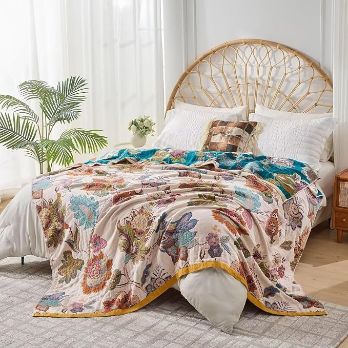 Boho Throw Blanket Farmhouse Decor Throw Blanket Bohemian Blanket for Bed 100% Cotton Muslin Woven Couch Blanket All Seasons Quilt Bedroom (B-Beige, 50"x60")