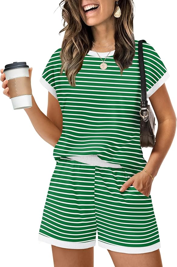 WIHOLL Two Piece Sets for Women Summer Lounge Short Sets Cap Sleeve Crew Neck Sweatsuit with Pocket XS-2XL