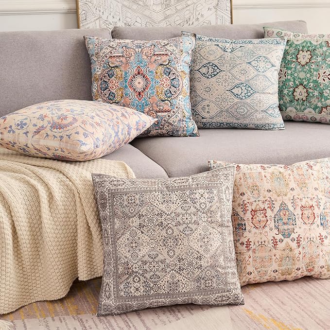 Boho Floral Throw Pillow Covers 20x20 inch Set of 2,Grey Boho Rug Geometric Floral Pattern Decor Double Sided Pattern Cushion Cover Soft Pillow Case Living Sofa Room Bed Square Pillow Cover