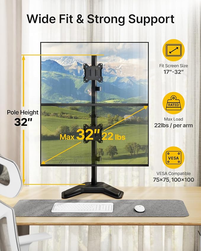 monTEK Freestanding Stacked Dual Monitor Stand for 17-32", 22 lbs Each | Solid V-shaped base, vertical dual-screen full-motion arms, height adjustment, tilt, swivel, rotation and VESA 75/100
