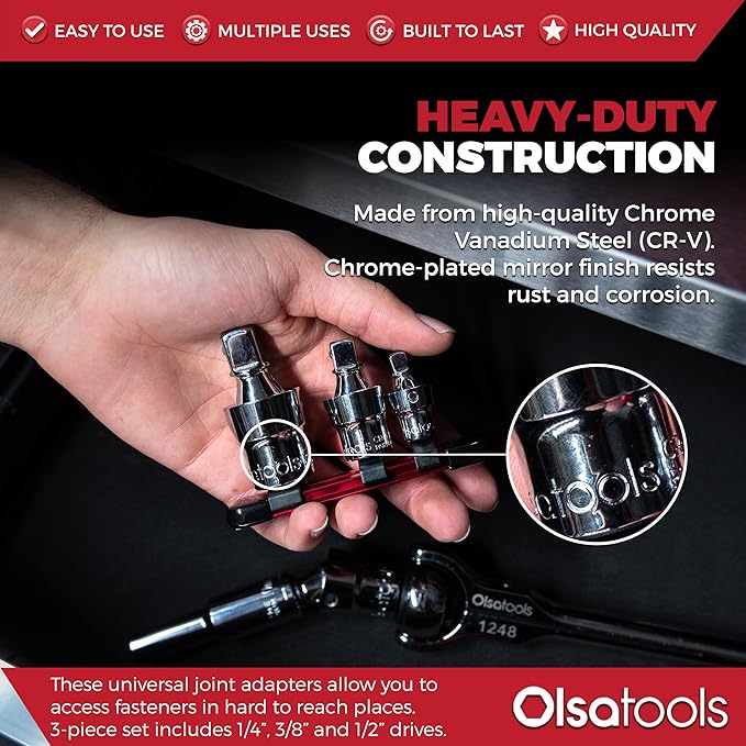Olsa Tools Universal Joint Set - 3 Pc 1/2",3/8" & 1/4" Drive - Swivel U-Joint Socket Kit with Aluminum Rail - Ball and Angle Socket Adapters - Part 1243