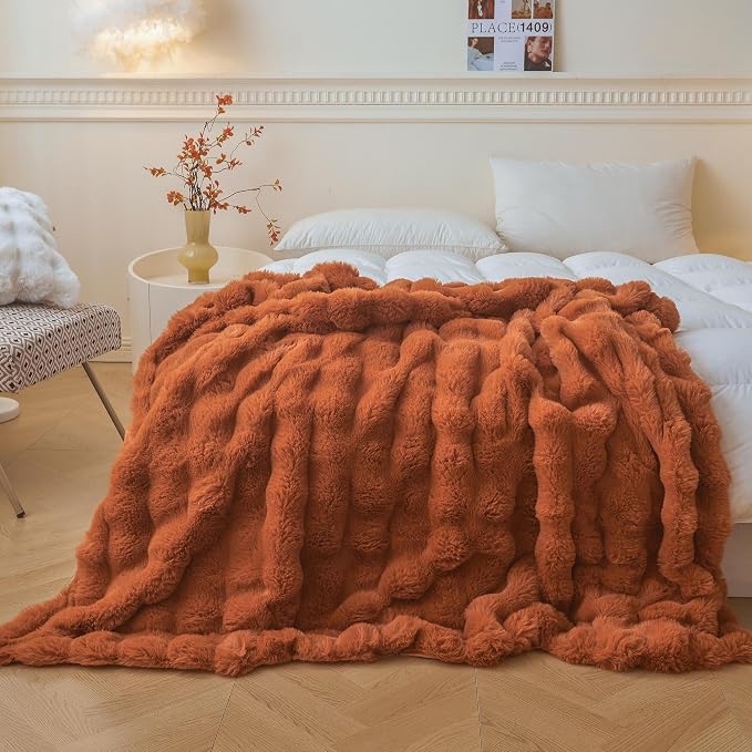 LIFEREVO Luxury Fluffy Faux Rabbit Fur Throw Blanket 50x60, Burnt Orange | Plush Bubble Blanket for Bedroom Living Room Office, Decorative Soft Furry Lap Throw for Kids Girls Teens Adults, Washable