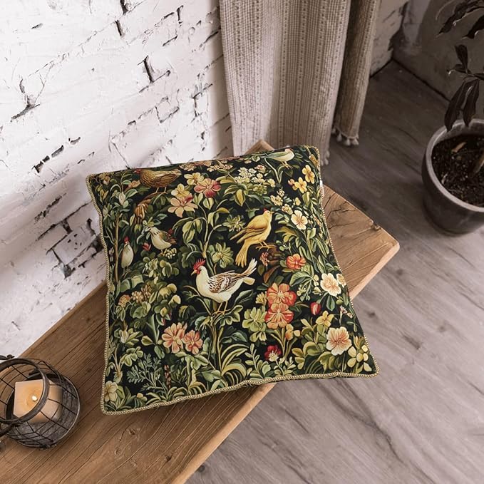 Vintage Floral Animal Velvet Pillow Covers 20x20 Inch Black Green Flowers Leaf Throw Pillows for Couch Farmhouse Cushion Covers Pillowcase Boho Chinoiserie Pillow Cases for Sofa Bed Outdoor Decor