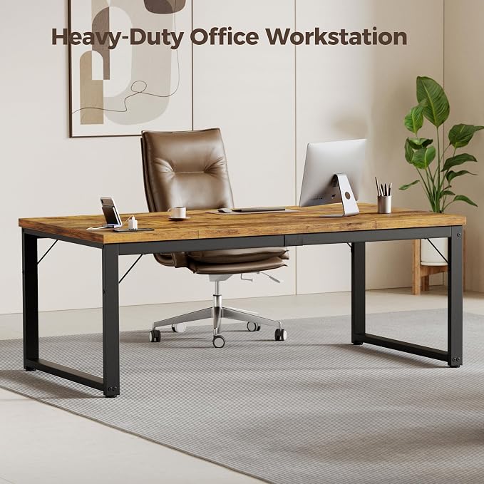 Mericonia 63 Inch Computer Desk with Power Outlets, 1.2" Thick Office Table | Modern Simple Style, Heavy Duty Industrial Frame, Large Study & Writing Table for Home Bedroom Work, Brown