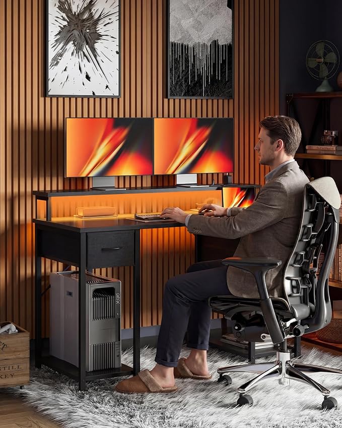 TIQLAB Computer Desk with 4 Drawers & LED Lights, 47 Inch Gaming Desk with Monitor Stand & Power Outlets, Home Office Desk with Large Storage Space, Study Work Table for Bedroom, Black