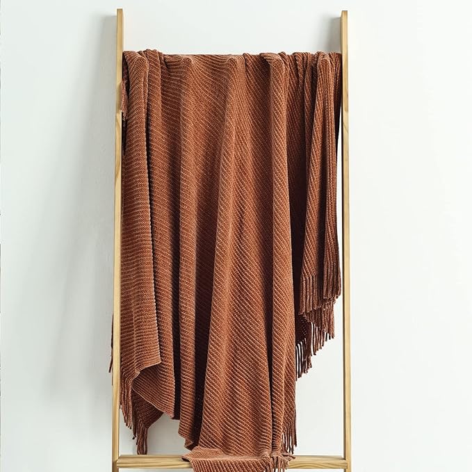 CREVENT Farmhouse Rust Chenille Throw Blanket for Couch Sofa Chair Bed Home Decoration, Soft Warm Cozy Knit Blanket for Spring (50''X60'' Caramel / Brown / Burnt Orange)