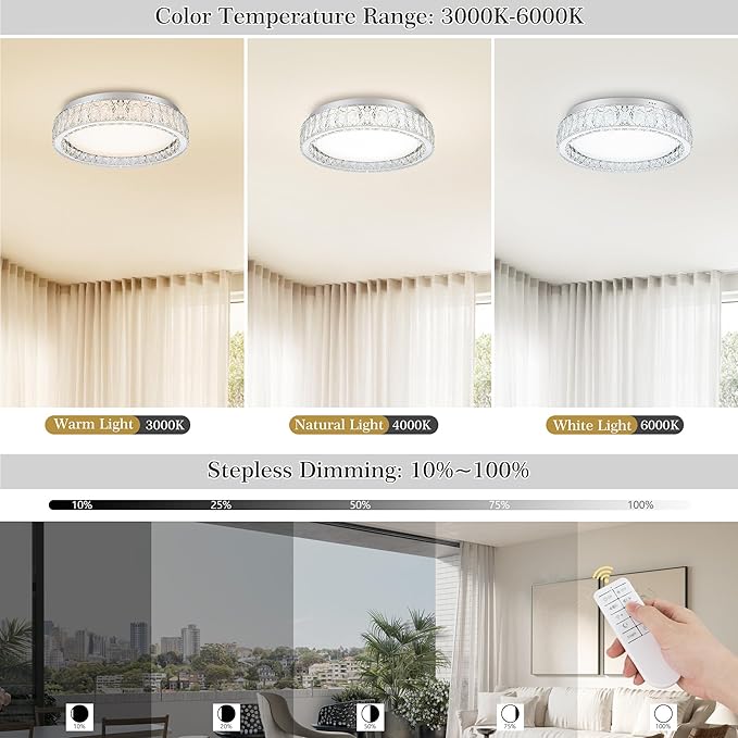 Krychiler 13.8" Bright Crystal Flush Mount Ceiling Lights, Dimmable LED Modern Close to Ceiling Lighting Fixture, Chrome Hallway Round Chandelier for Bedroom Kitchen Bathroom Closet Foyer Dining Room