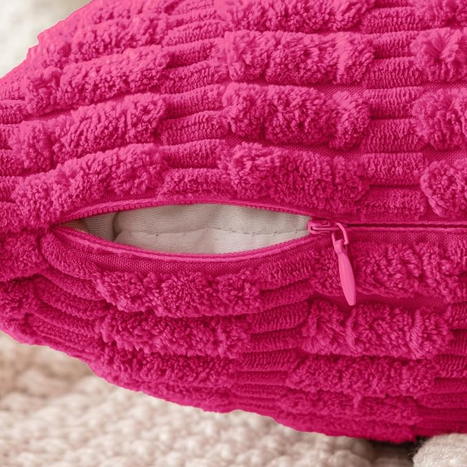 MIULEE Pack of 2 Corduroy Decorative Throw Pillow Covers 18x18 Inch Soft Boho Striped Pillow Covers Modern Farmhouse Home Decor for Sofa Living Room Couch Bed Hot Pink