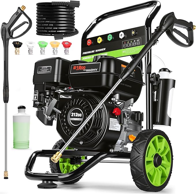 4200PSI Professional Gas Pressure Washer, 4GPM 212CC 7.0 HP 8" Wheels Commercial Gas Power Washer with 1L Foam Bottle 5 Nozzles 25FT Hose for Home Car Fence Driveway (EPA/CARB/ETL Compliant), Black