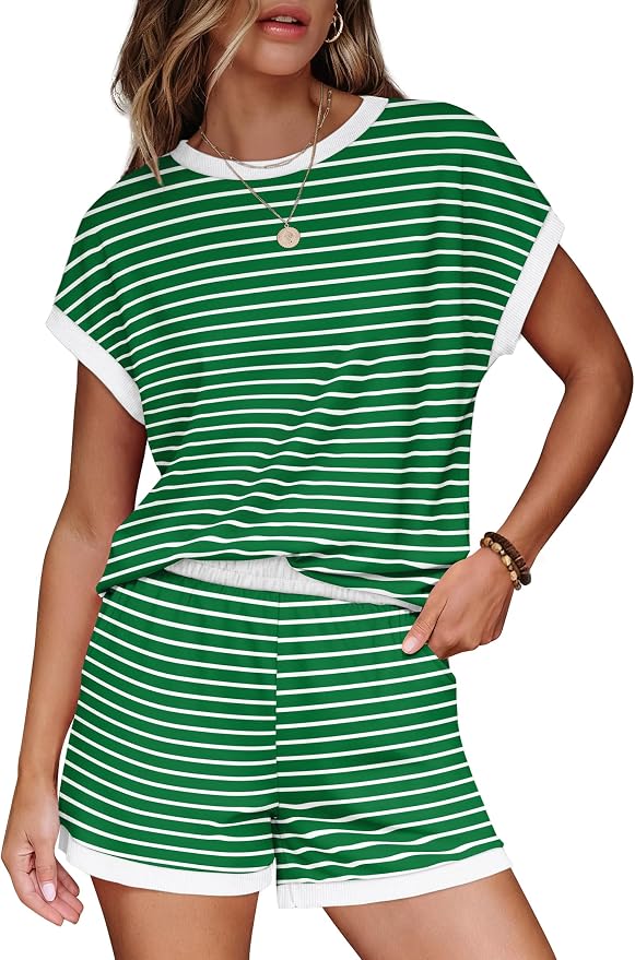 WIHOLL Two Piece Sets for Women Summer Lounge Short Sets Cap Sleeve Crew Neck Sweatsuit with Pocket XS-2XL