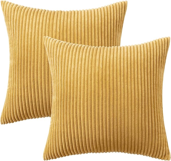 MIULEE Fall Decorative Corduroy Throw Pillow Covers Set of 2 16x16 Gold | Soft Striped Textured Cushion Cases, Boho Rustic Square Pillowcases Neutral Home Decor, for Couch Chair Sofa Bed Living Room
