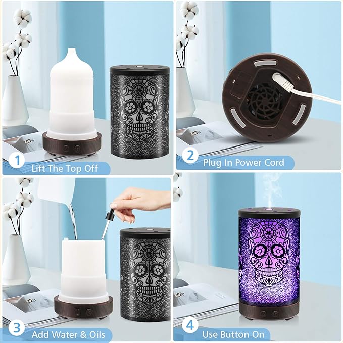 Skull Essential Oil Diffuser, Daroma 100ml Metal Aromatherapy Ultrasonic Cool Mist Humidifier Air Scent Home Office Gift, 7 Colors Changed LED Mood Light, Waterless Auto-Off
