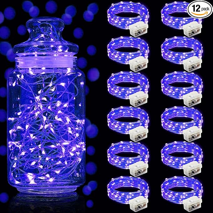 Aogist Led Fairy Lights 3 Modes Battery Operated String Lights Waterproof Silver Wire 7 Feet Firefly Starry Moon Mason Jar Lights for DIY Wedding Party Christmas (Blue, 12 Pack)