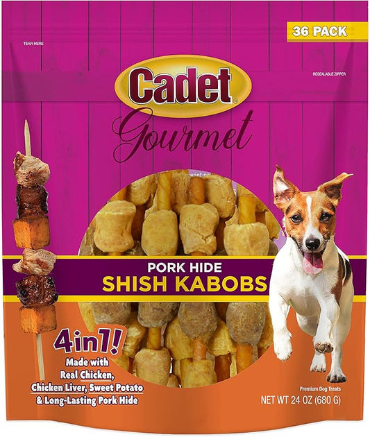 Cadet Gourmet Shish Kabob Dog Chews for Small Dogs, Rawhide Treats with Chicken, Duck and Sweet Potato, Healthy & Natural Pork Hide, 5-Inch Sticks, 24 oz.