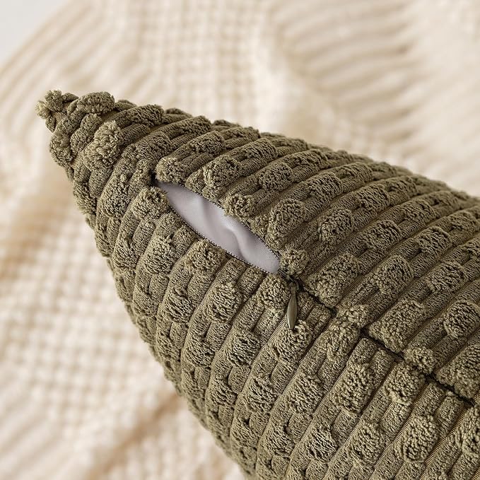 Kevin Textile Soft Corduroy 12"x20" Lumbar Pillow Cover 1 Pack, Olive Green | Boho Stripe Plush Corduroy Decorative Oblong Cushion Cover Modern Farmhouse Home Decor for Sofa Couch Bed Chair