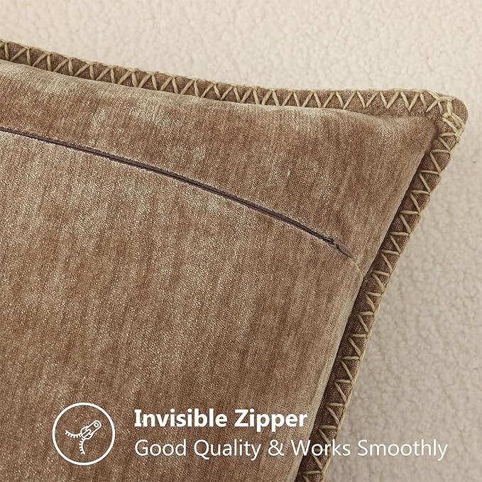 decorUhome Soft Chenille Throw Pillow Covers 16x16 Set of 2 Brown | Fall Textured Decorative Throw Pillow Cases Stitched Edge Modern Farmhouse Luxury Boho Velvet for Couch Sofa Bed Home Decor