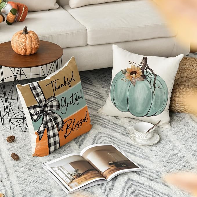 AVOIN colorlife Fall Pumpkin Home Sweet Home Throw Pillow Covers, 18 x 18 Inch Autumn Thankful Grateful Blessed Harvest Floral Decorations for Sofa Couch Set of 4