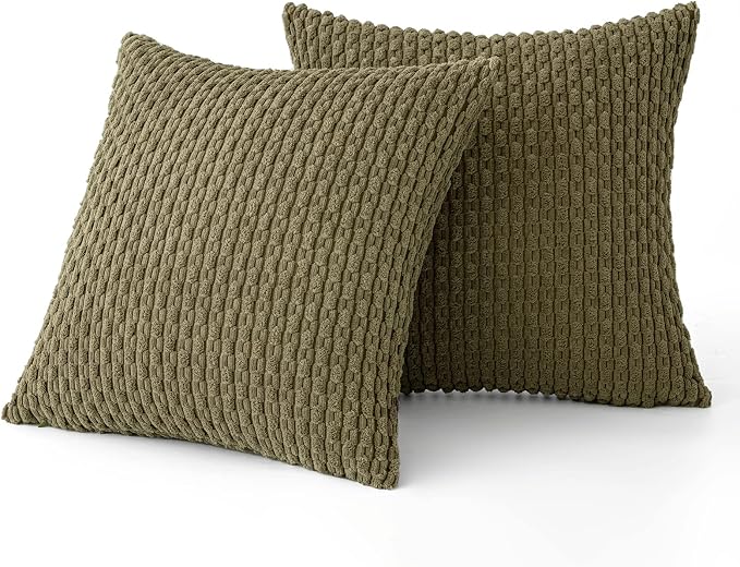 MIULEE Decorative Throw Pillow Covers 20x20 Olive Green Textured Corduroy | Pack of 2 Striped Pillow Covers Modern Farmhouse Coastal Home Decor for Couch Bed Sofa Living Room