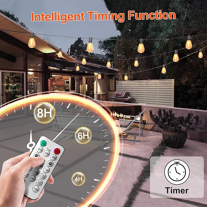 60FT Solar String Lights Outdoor Waterproof with Remote Control Solar Patio Lights 15+2 shatterproof LED Bulbs for Porch Garden Market Bistro Patio Backyard Fence