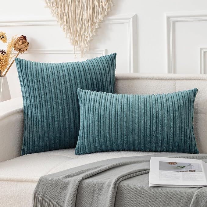 UGASA 12x24 Inch Pillow Cover Pack of 1 Soft Boho Stripe Corduroy Long Rectangle Lumbar Cushion Case Farmhouse Decorative Throw Pilowcase for Bed, Couch, Sofa, Bedroom, Living Room, Blue Grey