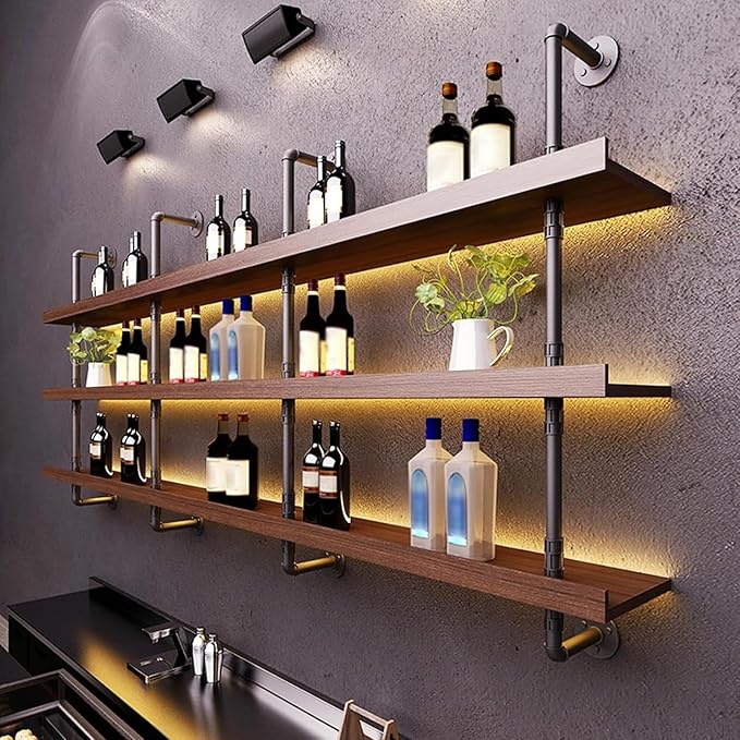 39.7in Solid Wood Wine Rack Wall Mounted with LED Light | 3-Tiers Liquor Bottles Floating Shelves Display Storage Organizer for Home Bar & Dining Room
