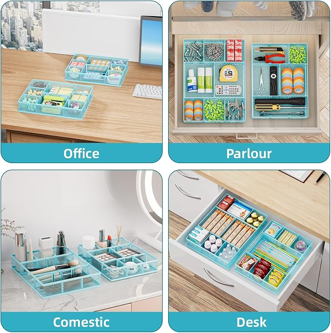 Marbrasse 2 Pack Desk Drawer Organizer, Mesh Drawer Organizer Tray with 8 Adjustable Compartments, Desk Organizers and Accessories, 5 Dividers Drawer for Office Supplies, Makeup & Vanity (Blue)