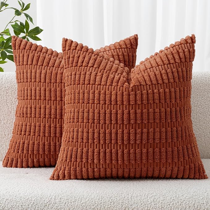 MIULEE Fall Pack of 2 Rust Corduroy Decorative Euro Sham Pillow Covers 22x22 Inch Soft Boho Striped Throw Pillow Covers Modern Farmhouse Home Decor for Sofa Living Room Couch Bed