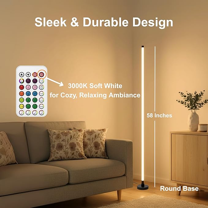 RGBICW LED Corner Floor Lamp 58'' with Music Sync, Remote Control, Color-Changing Ambient Lighting for Living Rooms, Gaming, Home Office (Round Base)