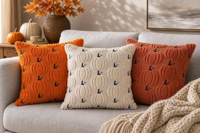 Fall Pumpkin Decorative Pillow Covers 20x20 Set of 2, Beige Soft Plush Faux Fur Wool Farmhouse Throw Cushion Cases for Autumn Thanksgiving Holiday Home Decorations