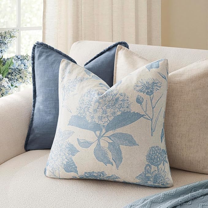 Foindtower Set of 2 Linen Floral Vintage Throw Pillow Covers Neutral Accent Decorative Cozy Cushion Covers Farmhouse Boho Home Decor for Sofa Chair Couch Bedroom Living Room,22×22 Inch,Sky Blue