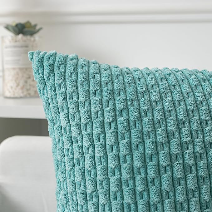 Kevin Textile Soft Corduroy 14"x24" Lumbar Pillow Cover 1 Pack, Aqua Green | Boho Stripe Plush Corduroy Decorative Oblong Cushion Cover Modern Farmhouse Home Decor for Sofa Couch Bed Chair